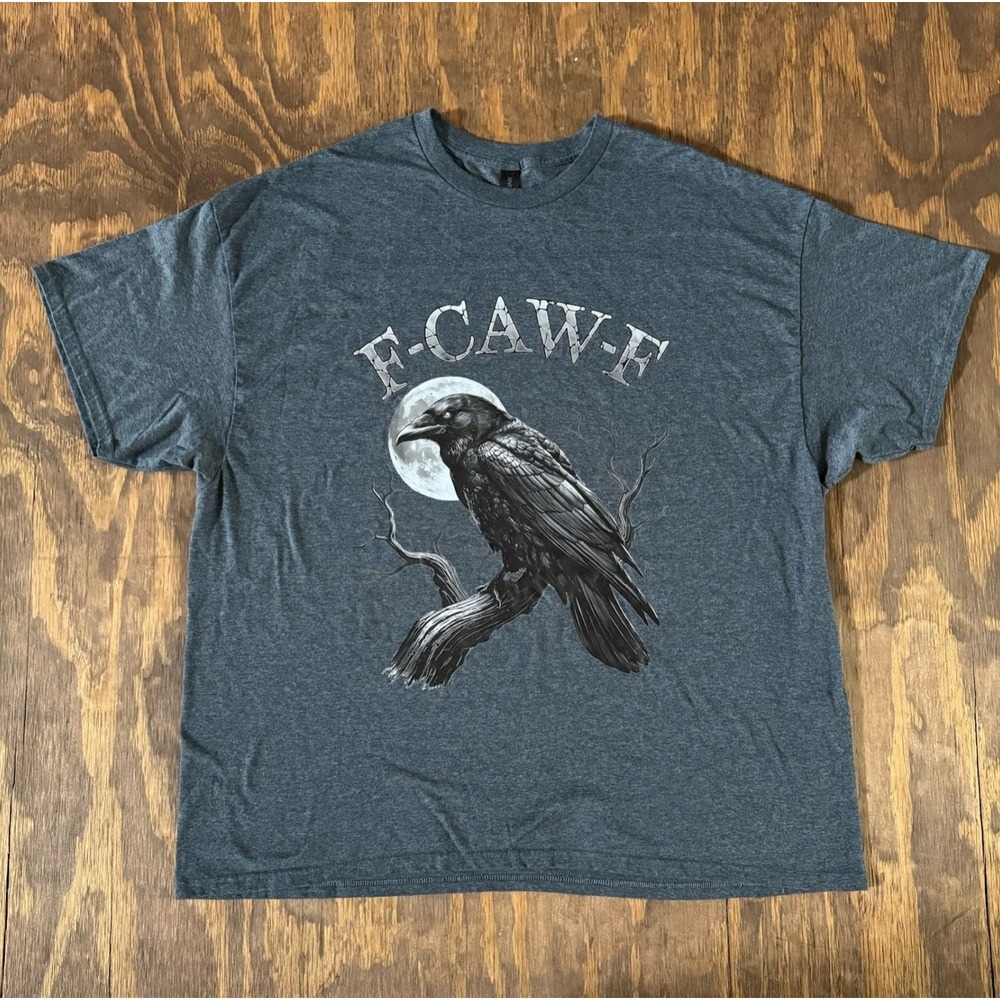 F-CAW-F Raven Moon Graphic Tee XL Gray Gildan Goth Crow Humor Shirt